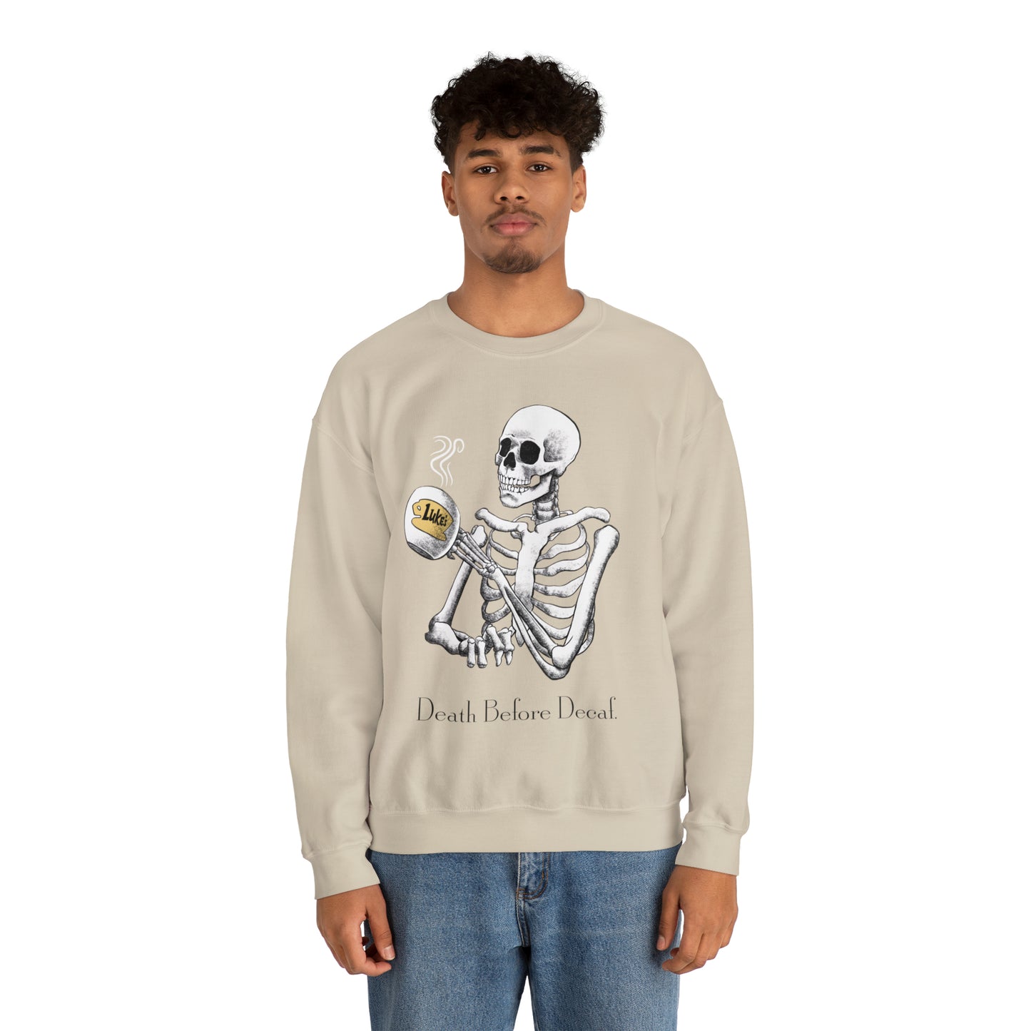 Gilmore Girls Halloween Skeleton Drinking Luke's Coffee Unisex Heavy Blend™ Crewneck Sweatshirt | Fall Autumn | Cozy Sweater