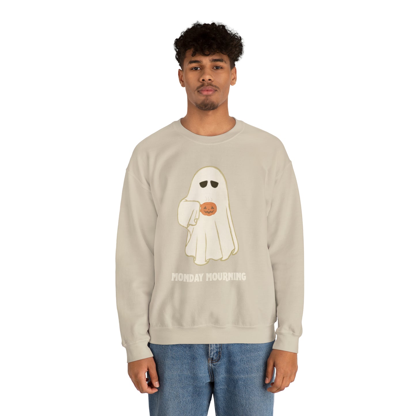 Cute Ghost "Monday Mourning" Coffee Pumpkin Mug Unisex Heavy Blend™ Crewneck Sweatshirt | Fall Autumn | Gift Idea