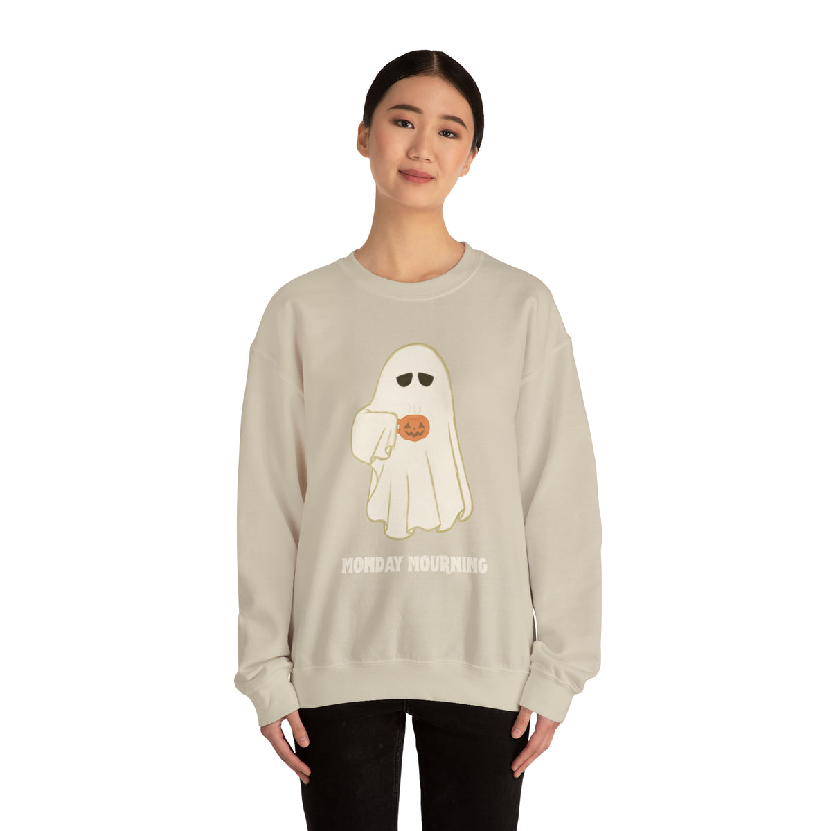 Cute Ghost "Monday Mourning" Coffee Pumpkin Mug Unisex Heavy Blend™ Crewneck Sweatshirt | Fall Autumn | Gift Idea