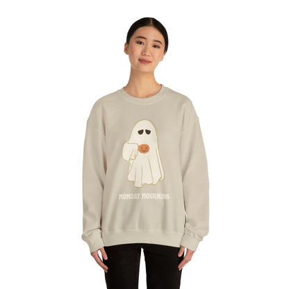 Cute Ghost "Monday Mourning" Coffee Pumpkin Mug Unisex Heavy Blend™ Crewneck Sweatshirt | Fall Autumn | Gift Idea