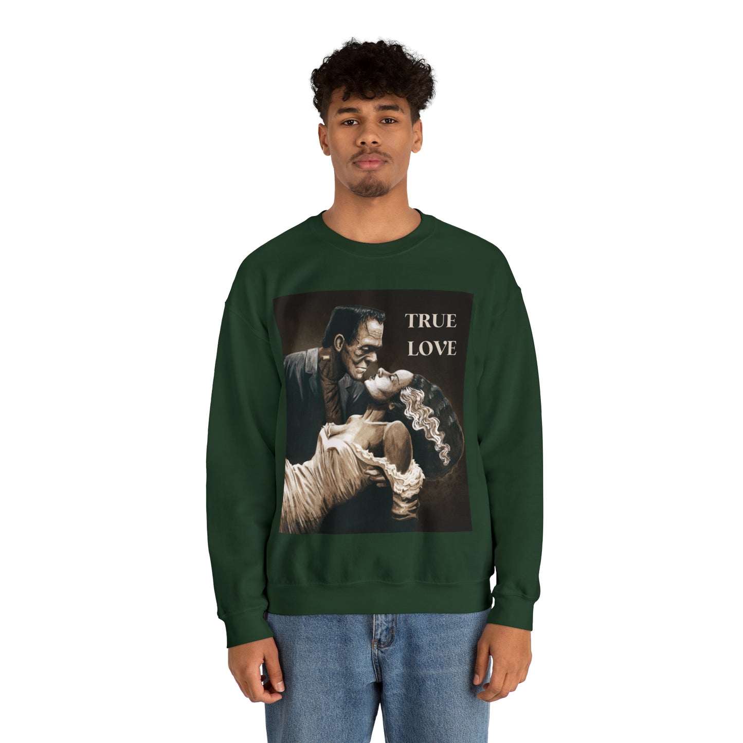 Frankenstein and His Bride True Love Neutral Halloween Monsters Cozy Unisex Heavy Blend™ Crewneck Sweatshirt | Fall Autumn | Gift Idea