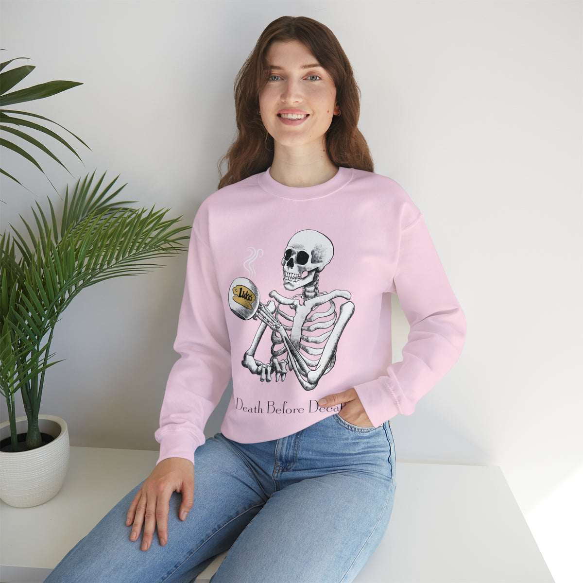 Gilmore Girls Halloween Skeleton Drinking Luke's Coffee Unisex Heavy Blend™ Crewneck Sweatshirt | Fall Autumn | Cozy Sweater