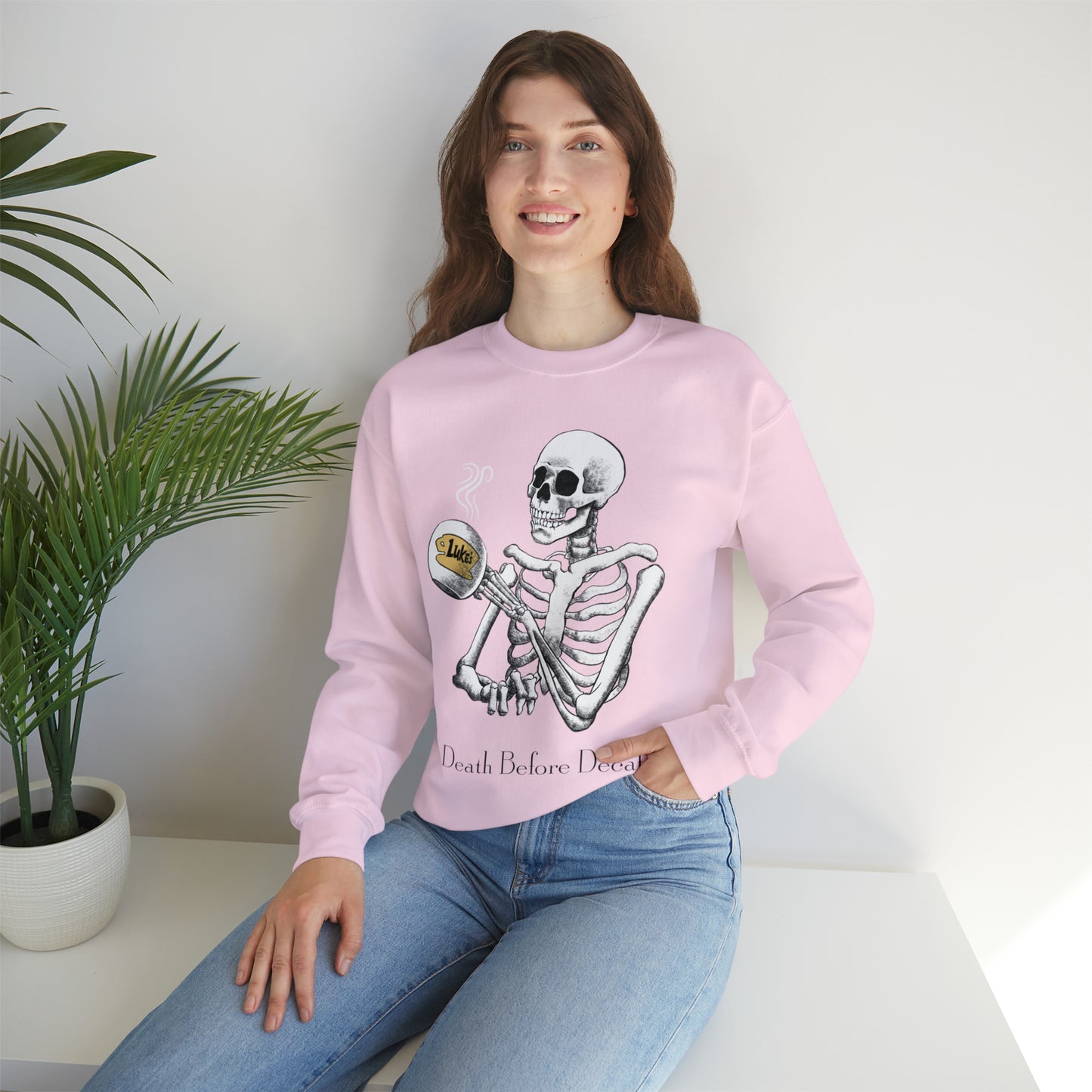 Gilmore Girls Halloween Skeleton Drinking Luke's Coffee Unisex Heavy Blend™ Crewneck Sweatshirt | Fall Autumn | Cozy Sweater