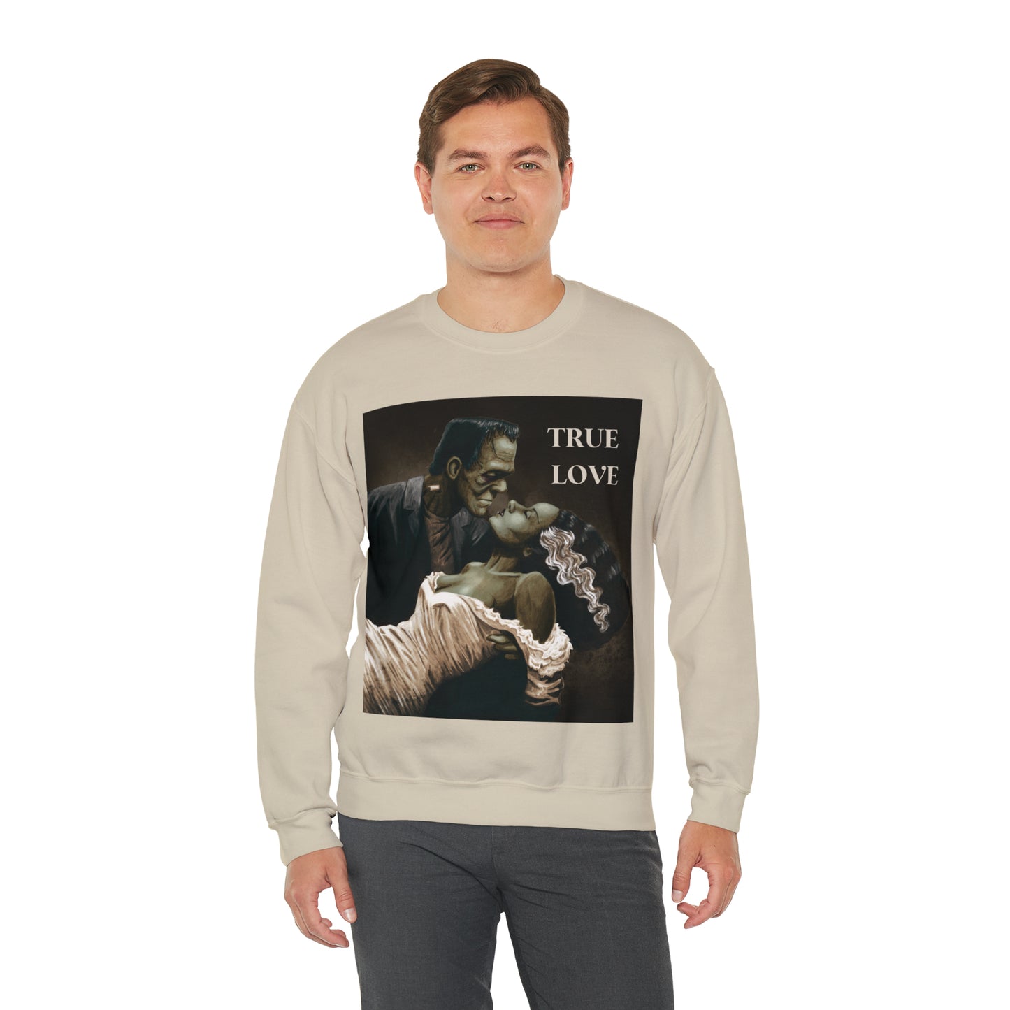 Frankenstein and His Bride Green Version True Love Halloween Monsters Cozy Unisex Heavy Blend™ Crewneck Sweatshirt | Fall Autumn| Humour TV  | Gift Idea