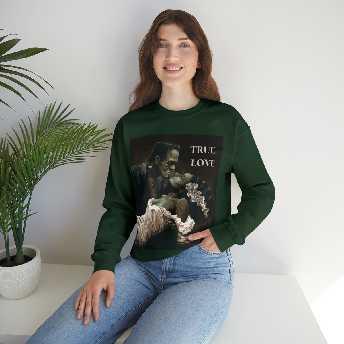 Frankenstein and His Bride Green Version True Love Halloween Monsters Cozy Unisex Heavy Blend™ Crewneck Sweatshirt | Fall Autumn| Humour TV  | Gift Idea