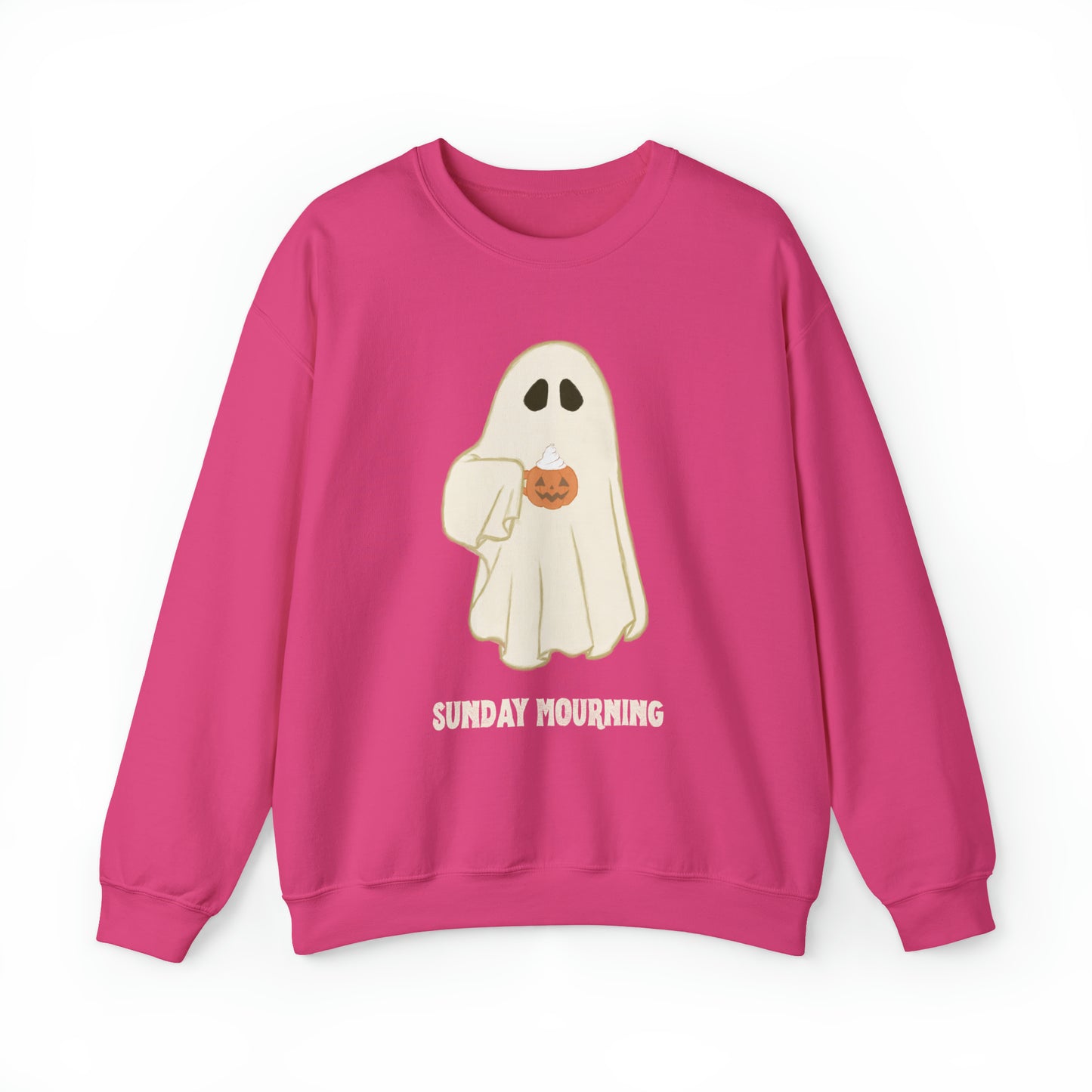 Cute Ghost "Sunday Mourning" Coffee Pumpkin Mug Unisex Heavy Blend™ Crewneck Sweatshirt | Fall Autumn | Gift Idea