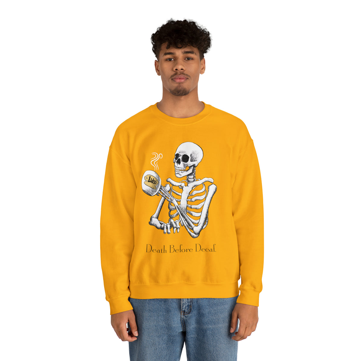 Gilmore Girls Halloween Skeleton Drinking Luke's Coffee Unisex Heavy Blend™ Crewneck Sweatshirt | Fall Autumn | Cozy Sweater