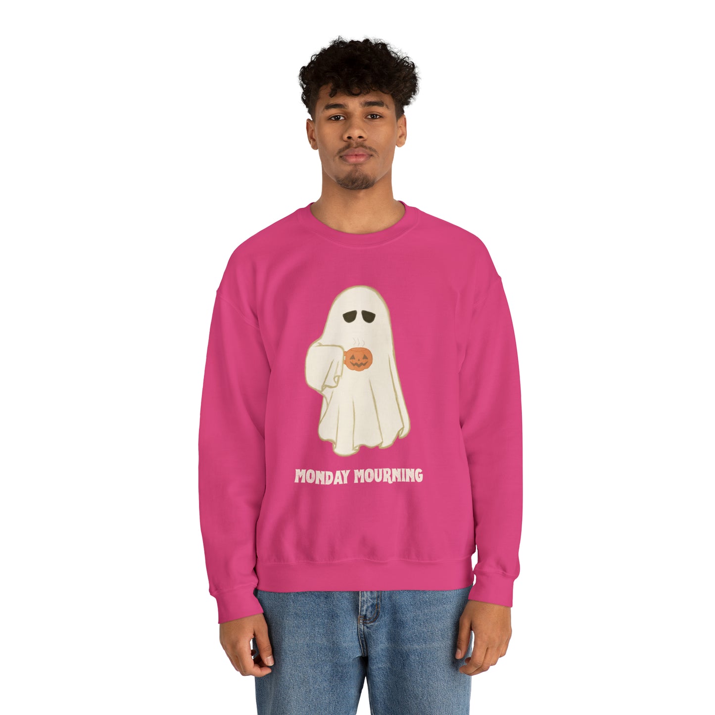 Cute Ghost "Monday Mourning" Coffee Pumpkin Mug Unisex Heavy Blend™ Crewneck Sweatshirt | Fall Autumn | Gift Idea