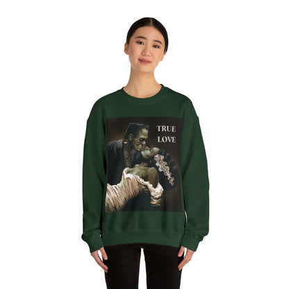 Frankenstein and His Bride Green Version True Love Halloween Monsters Cozy Unisex Heavy Blend™ Crewneck Sweatshirt | Fall Autumn| Humour TV  | Gift Idea