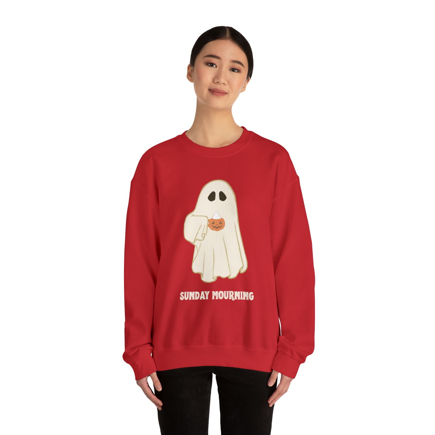 Cute Ghost "Sunday Mourning" Coffee Pumpkin Mug Unisex Heavy Blend™ Crewneck Sweatshirt | Fall Autumn | Gift Idea
