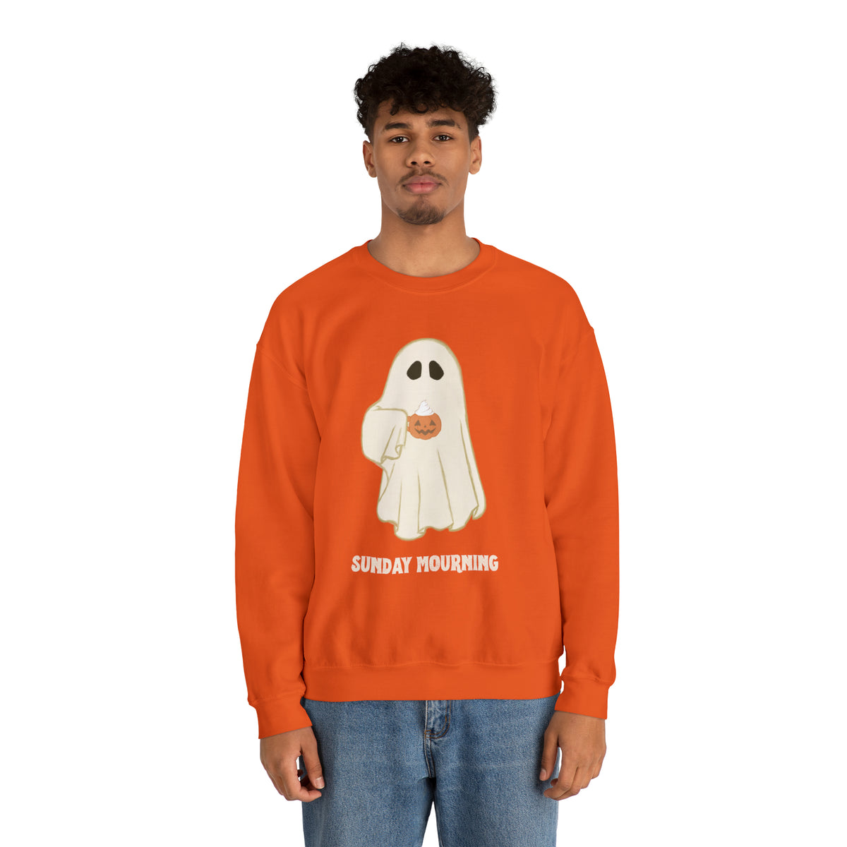 Cute Ghost "Sunday Mourning" Coffee Pumpkin Mug Unisex Heavy Blend™ Crewneck Sweatshirt | Fall Autumn | Gift Idea