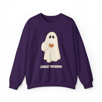 Cute Ghost "Sunday Mourning" Coffee Pumpkin Mug Unisex Heavy Blend™ Crewneck Sweatshirt | Fall Autumn | Gift Idea