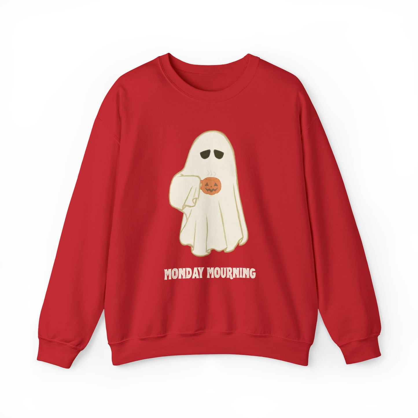 Cute Ghost "Monday Mourning" Coffee Pumpkin Mug Unisex Heavy Blend™ Crewneck Sweatshirt | Fall Autumn | Gift Idea