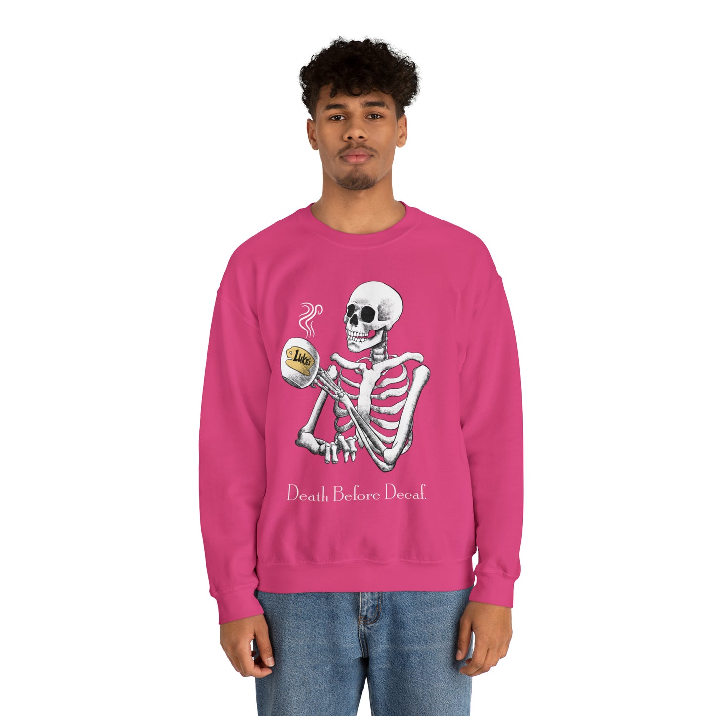 Gilmore Girls Halloween Skeleton Drinking Luke's Coffee Unisex Heavy Blend™ Crewneck Sweatshirt | Fall Autumn | Cozy Sweater