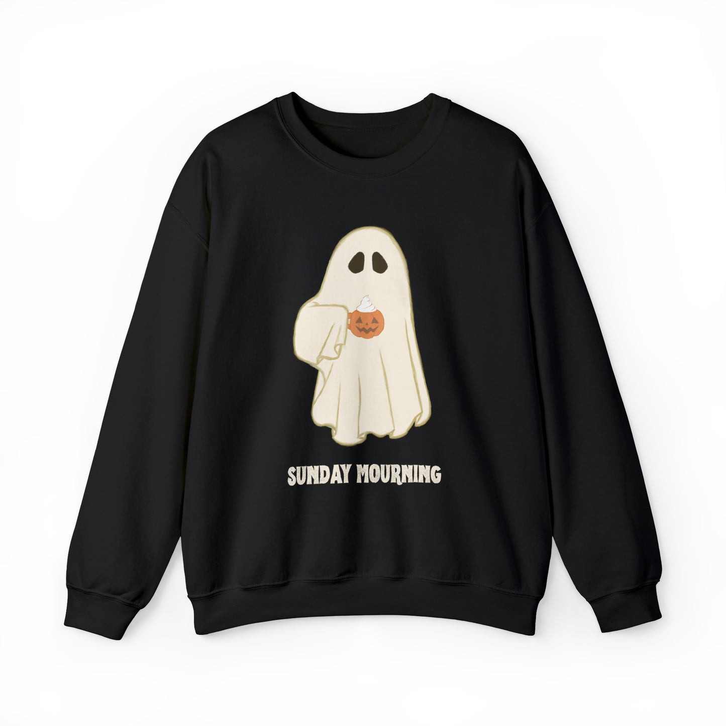 Cute Ghost "Sunday Mourning" Coffee Pumpkin Mug Unisex Heavy Blend™ Crewneck Sweatshirt | Fall Autumn | Gift Idea