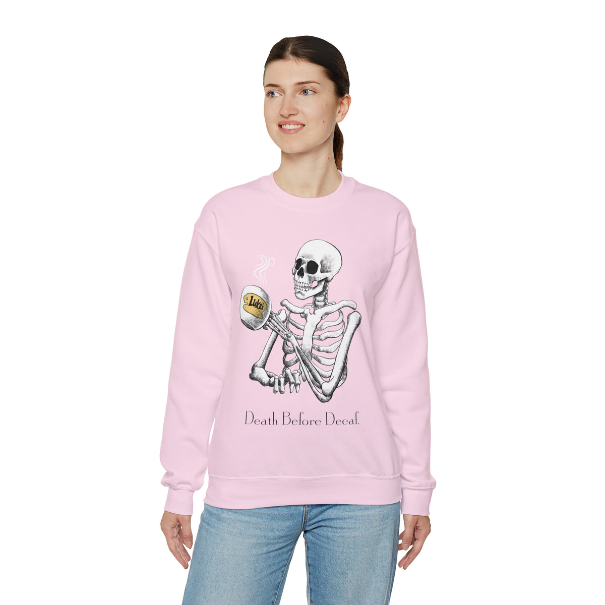 Gilmore Girls Halloween Skeleton Drinking Luke's Coffee Unisex Heavy Blend™ Crewneck Sweatshirt | Fall Autumn | Cozy Sweater