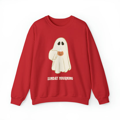 Cute Ghost "Sunday Mourning" Coffee Pumpkin Mug Unisex Heavy Blend™ Crewneck Sweatshirt | Fall Autumn | Gift Idea