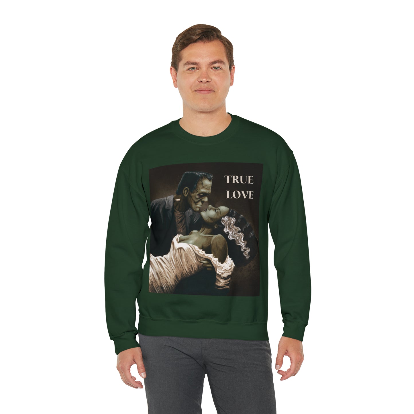 Frankenstein and His Bride Green Version True Love Halloween Monsters Cozy Unisex Heavy Blend™ Crewneck Sweatshirt | Fall Autumn| Humour TV  | Gift Idea