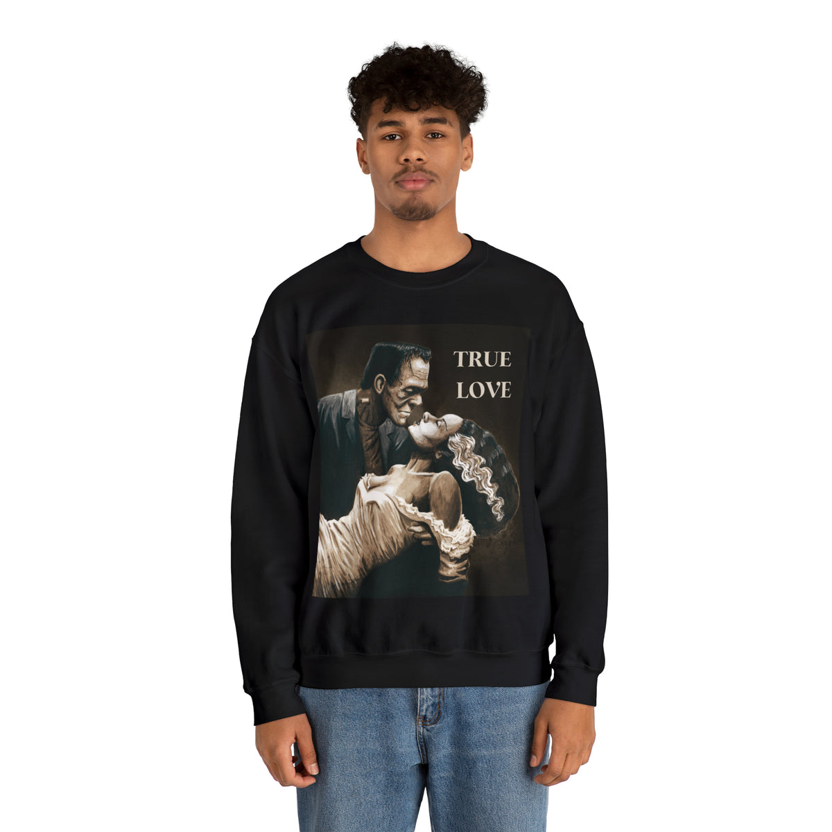 Frankenstein and His Bride True Love Neutral Halloween Monsters Cozy Unisex Heavy Blend™ Crewneck Sweatshirt | Fall Autumn | Gift Idea