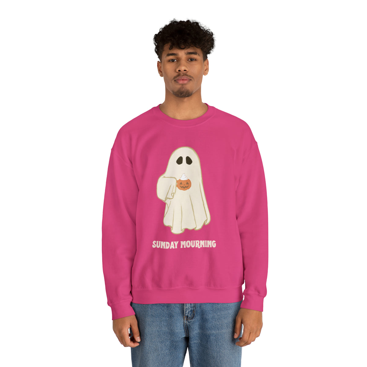 Cute Ghost "Sunday Mourning" Coffee Pumpkin Mug Unisex Heavy Blend™ Crewneck Sweatshirt | Fall Autumn | Gift Idea