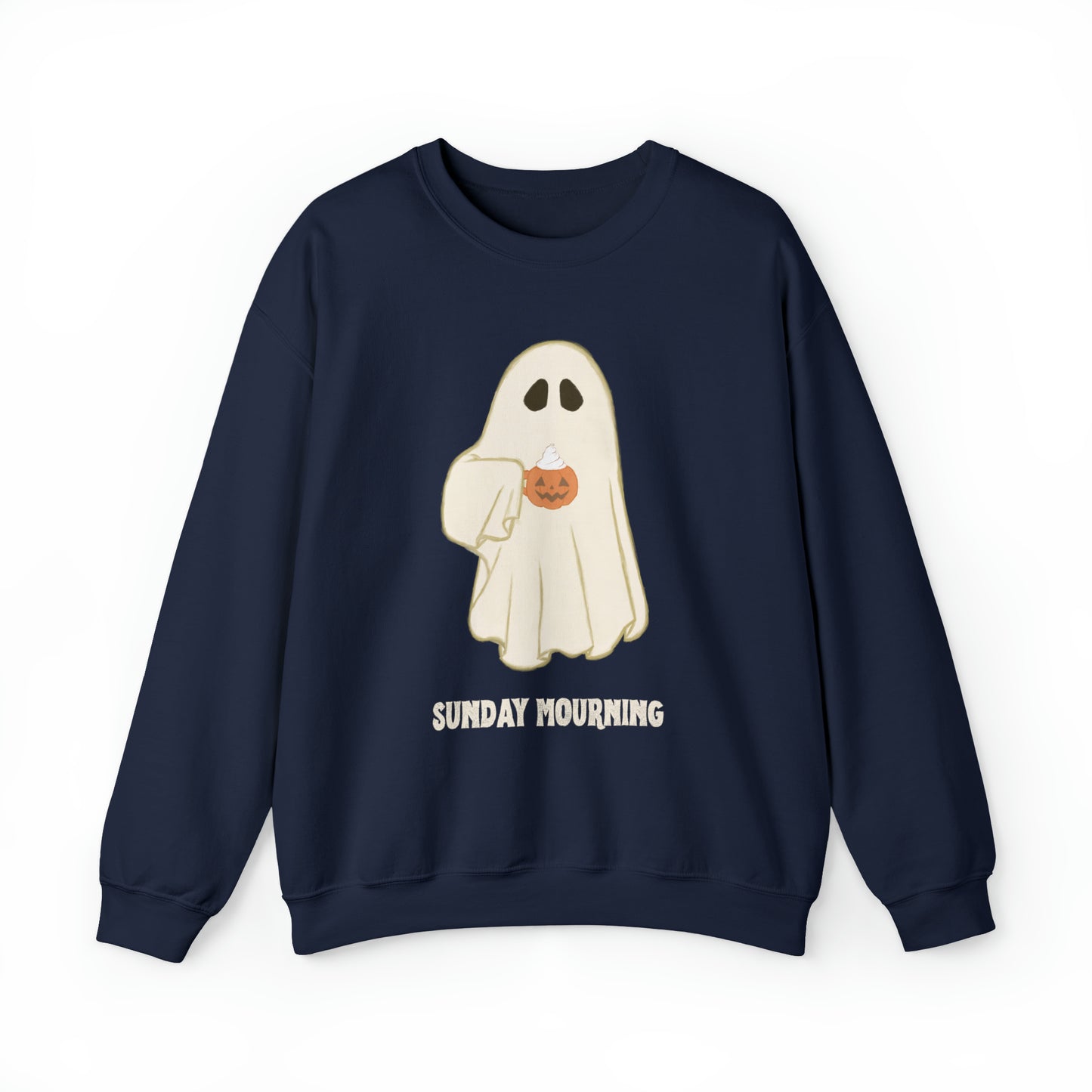 Cute Ghost "Sunday Mourning" Coffee Pumpkin Mug Unisex Heavy Blend™ Crewneck Sweatshirt | Fall Autumn | Gift Idea
