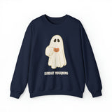 Cute Ghost "Sunday Mourning" Coffee Pumpkin Mug Unisex Heavy Blend™ Crewneck Sweatshirt | Fall Autumn | Gift Idea
