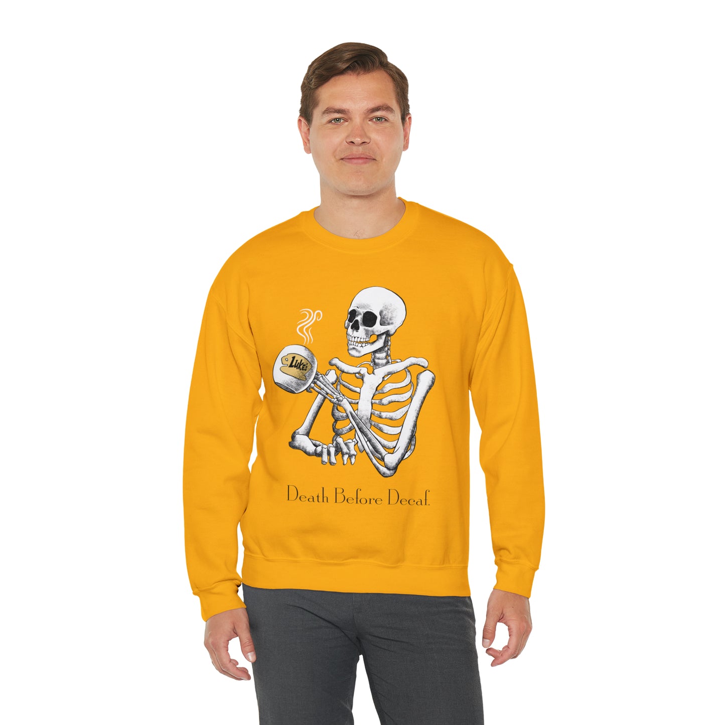 Gilmore Girls Halloween Skeleton Drinking Luke's Coffee Unisex Heavy Blend™ Crewneck Sweatshirt | Fall Autumn | Cozy Sweater