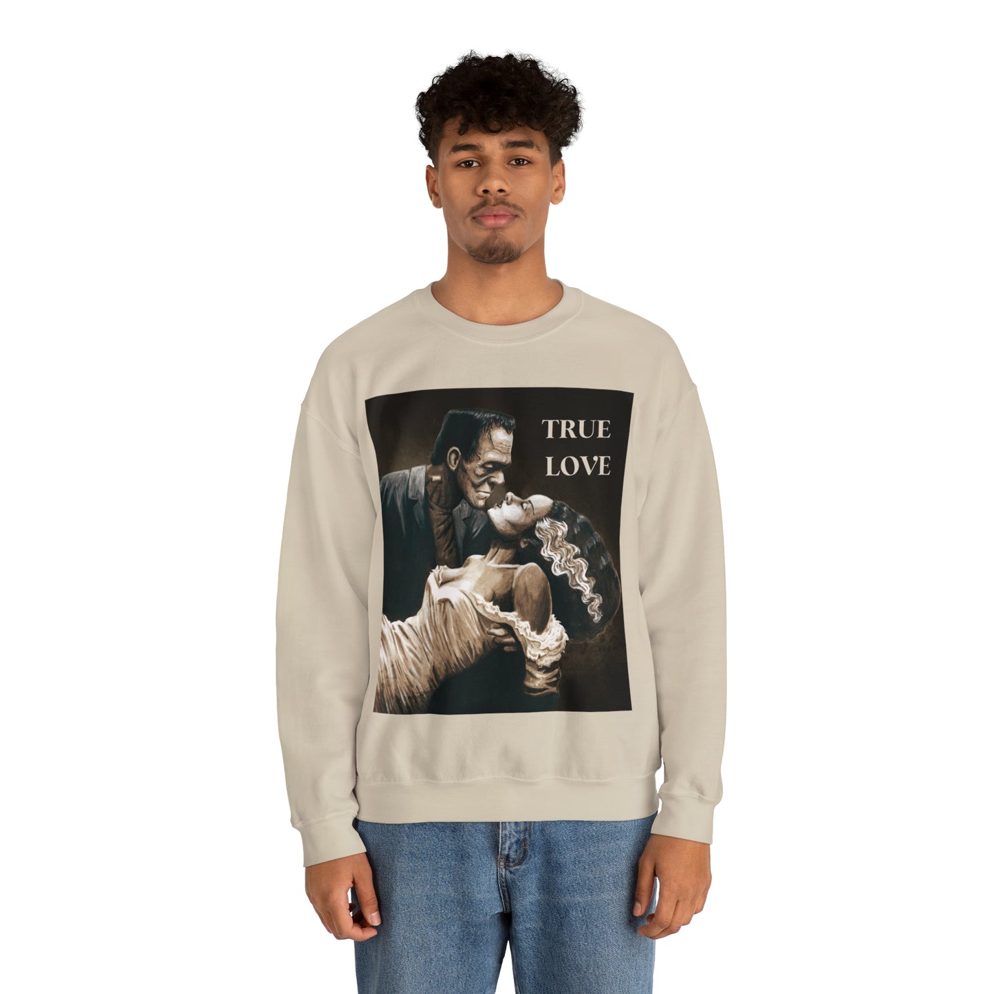 Frankenstein and His Bride True Love Neutral Halloween Monsters Cozy Unisex Heavy Blend™ Crewneck Sweatshirt | Fall Autumn | Gift Idea