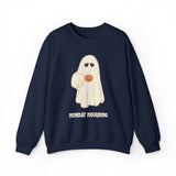 Cute Ghost "Monday Mourning" Coffee Pumpkin Mug Unisex Heavy Blend™ Crewneck Sweatshirt | Fall Autumn | Gift Idea