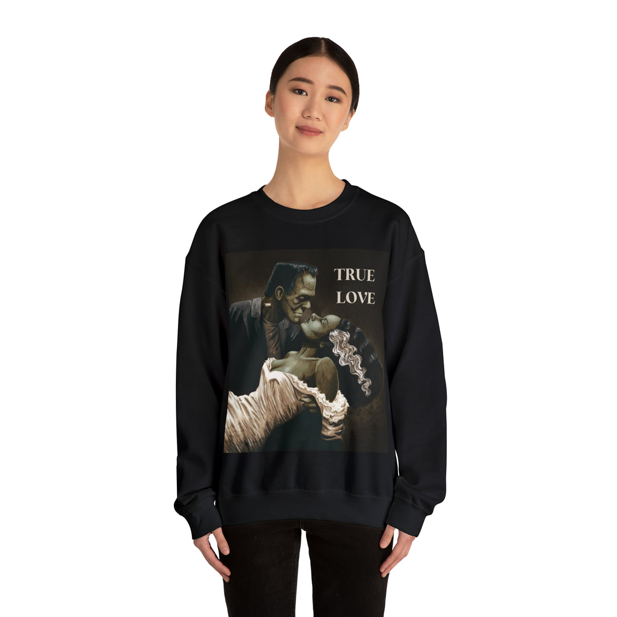 Frankenstein and His Bride Green Version True Love Halloween Monsters Cozy Unisex Heavy Blend™ Crewneck Sweatshirt | Fall Autumn| Humour TV  | Gift Idea