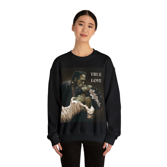 Frankenstein and His Bride Green Version True Love Halloween Monsters Cozy Unisex Heavy Blend™ Crewneck Sweatshirt | Fall Autumn| Humour TV  | Gift Idea