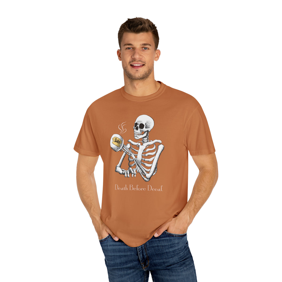 Gilmore Girls Halloween Skeleton Drinking Luke's Coffee Unisex Garment-Dyed T-shirt