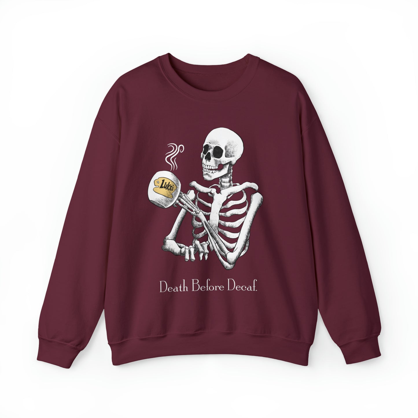 Gilmore Girls Halloween Skeleton Drinking Luke's Coffee Unisex Heavy Blend™ Crewneck Sweatshirt | Fall Autumn | Cozy Sweater