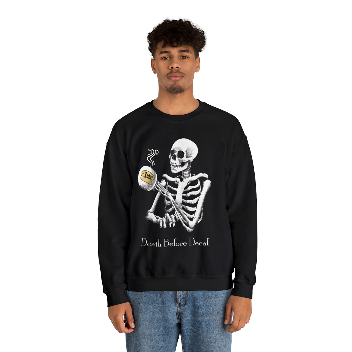 Gilmore Girls Halloween Skeleton Drinking Luke's Coffee Unisex Heavy Blend™ Crewneck Sweatshirt | Fall Autumn | Cozy Sweater