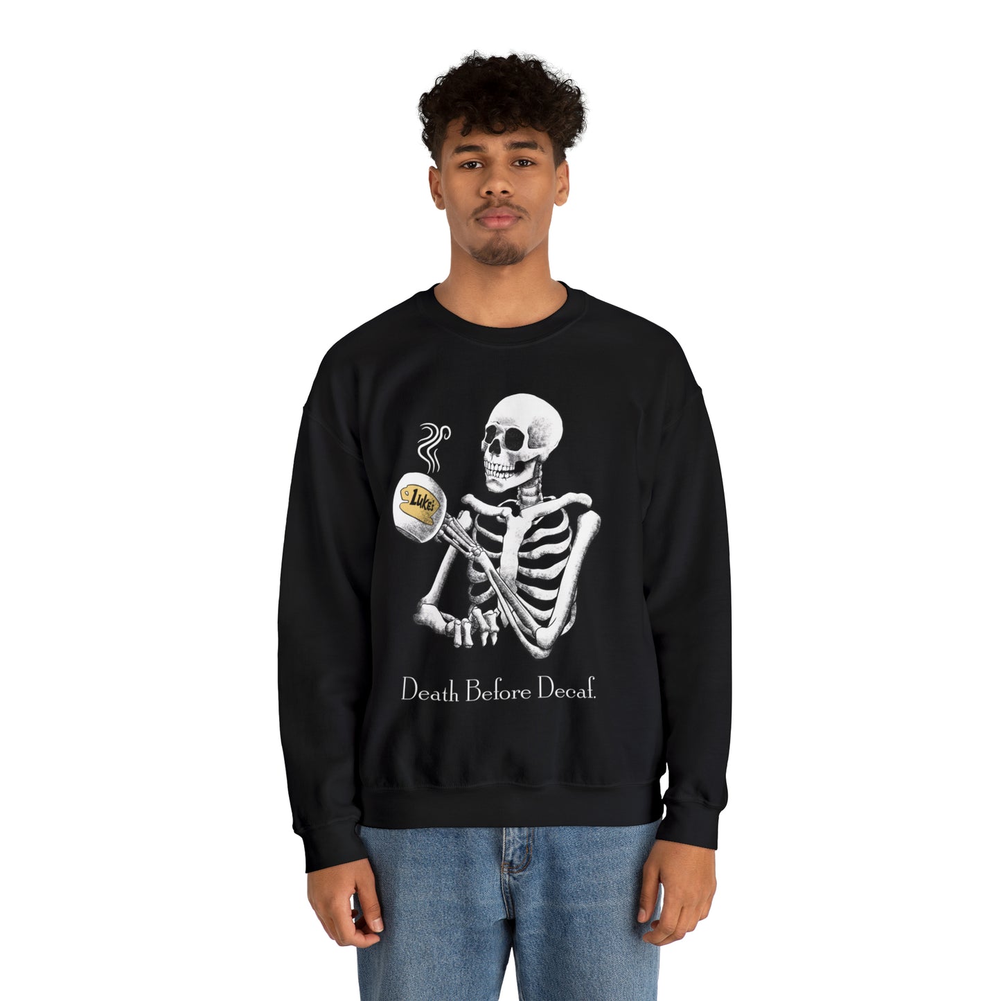 Gilmore Girls Halloween Skeleton Drinking Luke's Coffee Unisex Heavy Blend™ Crewneck Sweatshirt | Fall Autumn | Cozy Sweater
