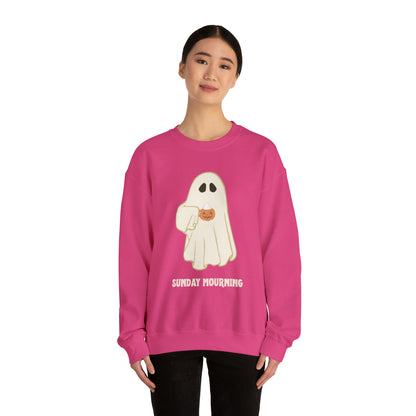 Cute Ghost "Sunday Mourning" Coffee Pumpkin Mug Unisex Heavy Blend™ Crewneck Sweatshirt | Fall Autumn | Gift Idea