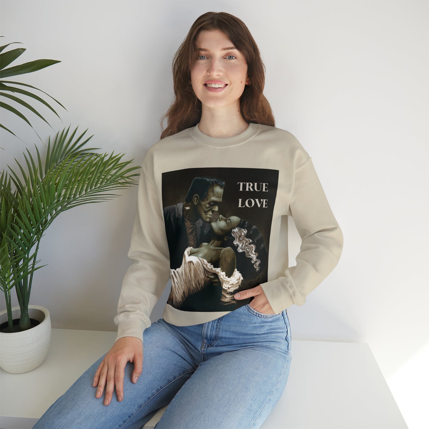 Frankenstein and His Bride Green Version True Love Halloween Monsters Cozy Unisex Heavy Blend™ Crewneck Sweatshirt | Fall Autumn| Humour TV  | Gift Idea