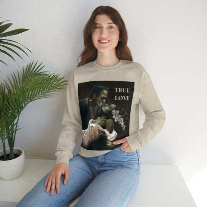Frankenstein and His Bride Green Version True Love Halloween Monsters Cozy Unisex Heavy Blend™ Crewneck Sweatshirt | Fall Autumn| Humour TV  | Gift Idea