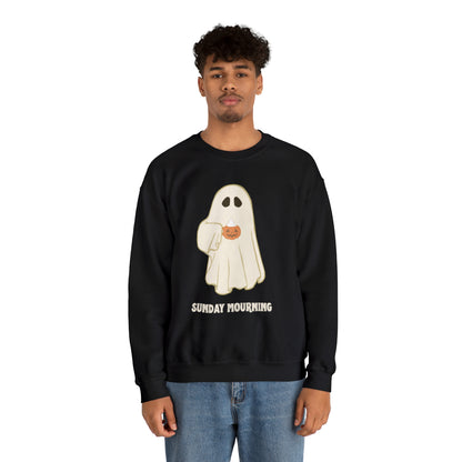 Cute Ghost "Sunday Mourning" Coffee Pumpkin Mug Unisex Heavy Blend™ Crewneck Sweatshirt | Fall Autumn | Gift Idea