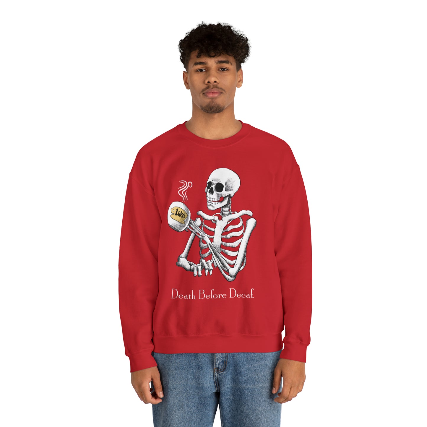Gilmore Girls Halloween Skeleton Drinking Luke's Coffee Unisex Heavy Blend™ Crewneck Sweatshirt | Fall Autumn | Cozy Sweater