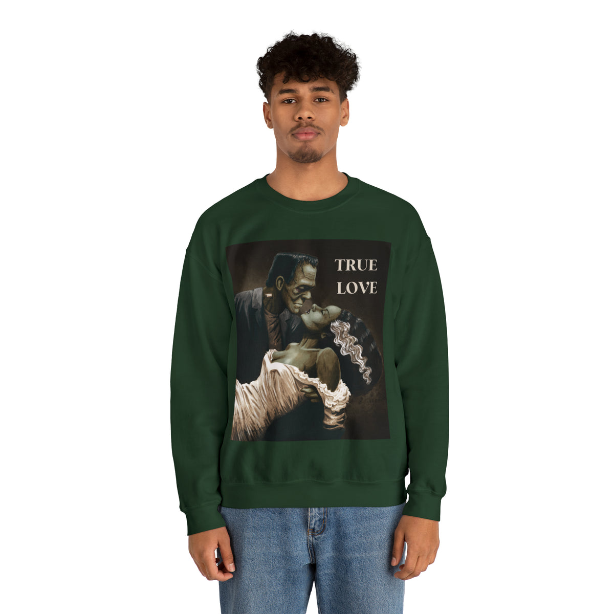 Frankenstein and His Bride Green Version True Love Halloween Monsters Cozy Unisex Heavy Blend™ Crewneck Sweatshirt | Fall Autumn| Humour TV  | Gift Idea