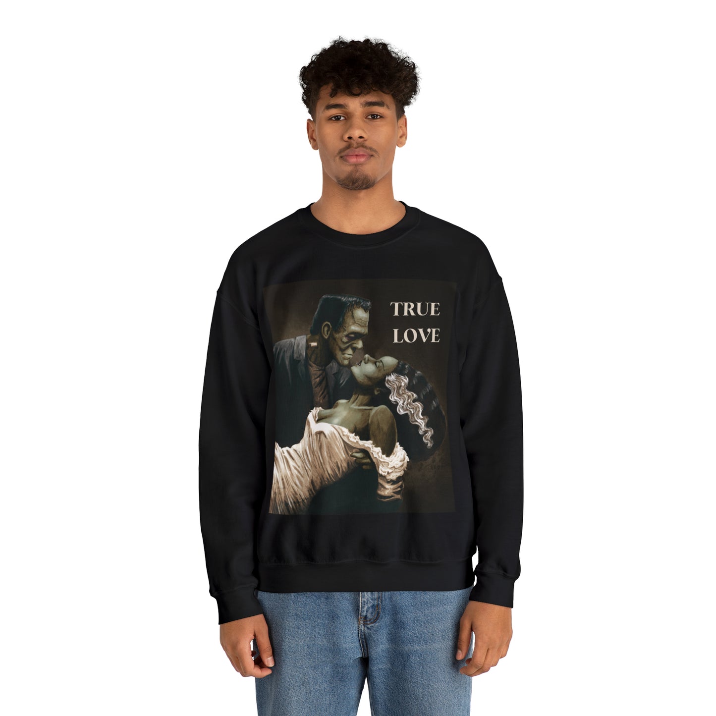 Frankenstein and His Bride Green Version True Love Halloween Monsters Cozy Unisex Heavy Blend™ Crewneck Sweatshirt | Fall Autumn| Humour TV  | Gift Idea