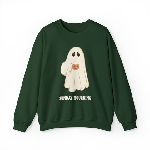 Cute Ghost "Sunday Mourning" Coffee Pumpkin Mug Unisex Heavy Blend™ Crewneck Sweatshirt | Fall Autumn | Gift Idea