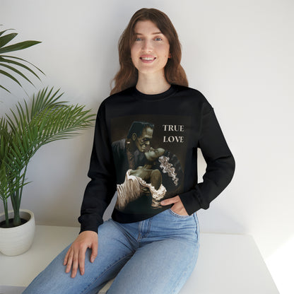 Frankenstein and His Bride Green Version True Love Halloween Monsters Cozy Unisex Heavy Blend™ Crewneck Sweatshirt | Fall Autumn| Humour TV  | Gift Idea