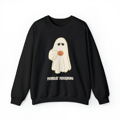 Cute Ghost "Monday Mourning" Coffee Pumpkin Mug Unisex Heavy Blend™ Crewneck Sweatshirt | Fall Autumn | Gift Idea