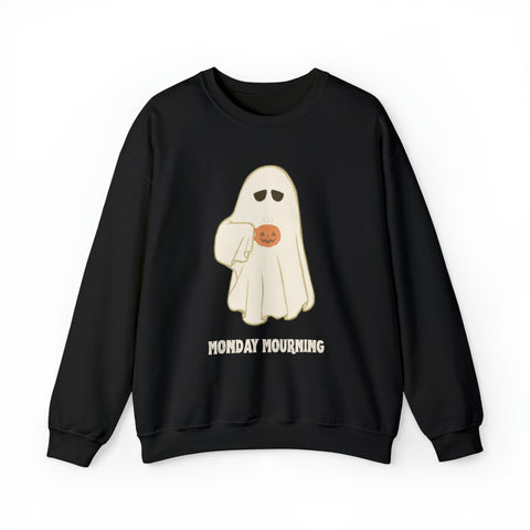 Cute Ghost "Monday Mourning" Coffee Pumpkin Mug Unisex Heavy Blend™ Crewneck Sweatshirt | Fall Autumn | Gift Idea