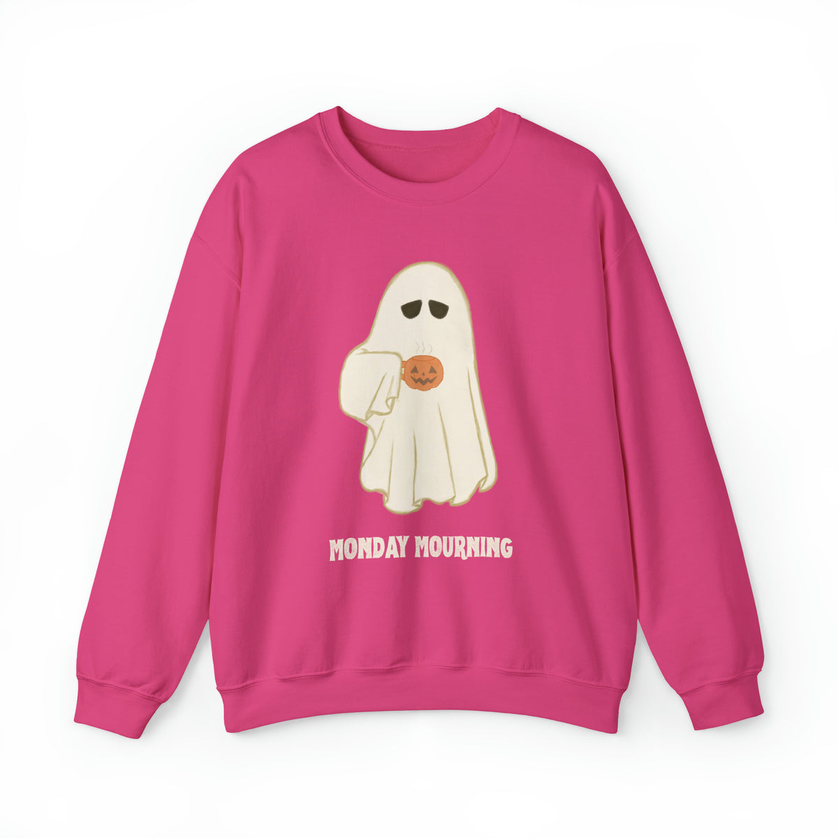 Cute Ghost "Monday Mourning" Coffee Pumpkin Mug Unisex Heavy Blend™ Crewneck Sweatshirt | Fall Autumn | Gift Idea