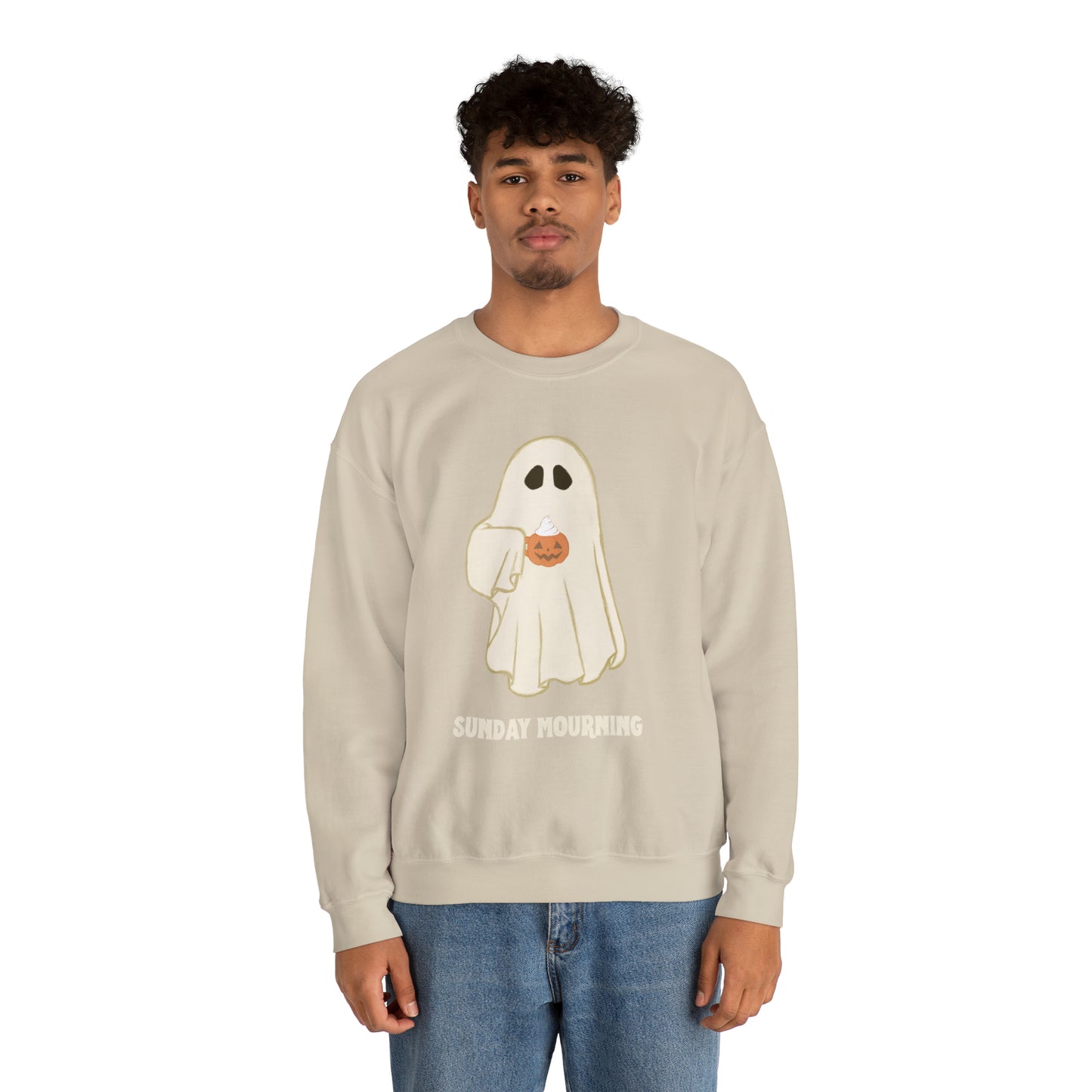 Cute Ghost "Sunday Mourning" Coffee Pumpkin Mug Unisex Heavy Blend™ Crewneck Sweatshirt | Fall Autumn | Gift Idea