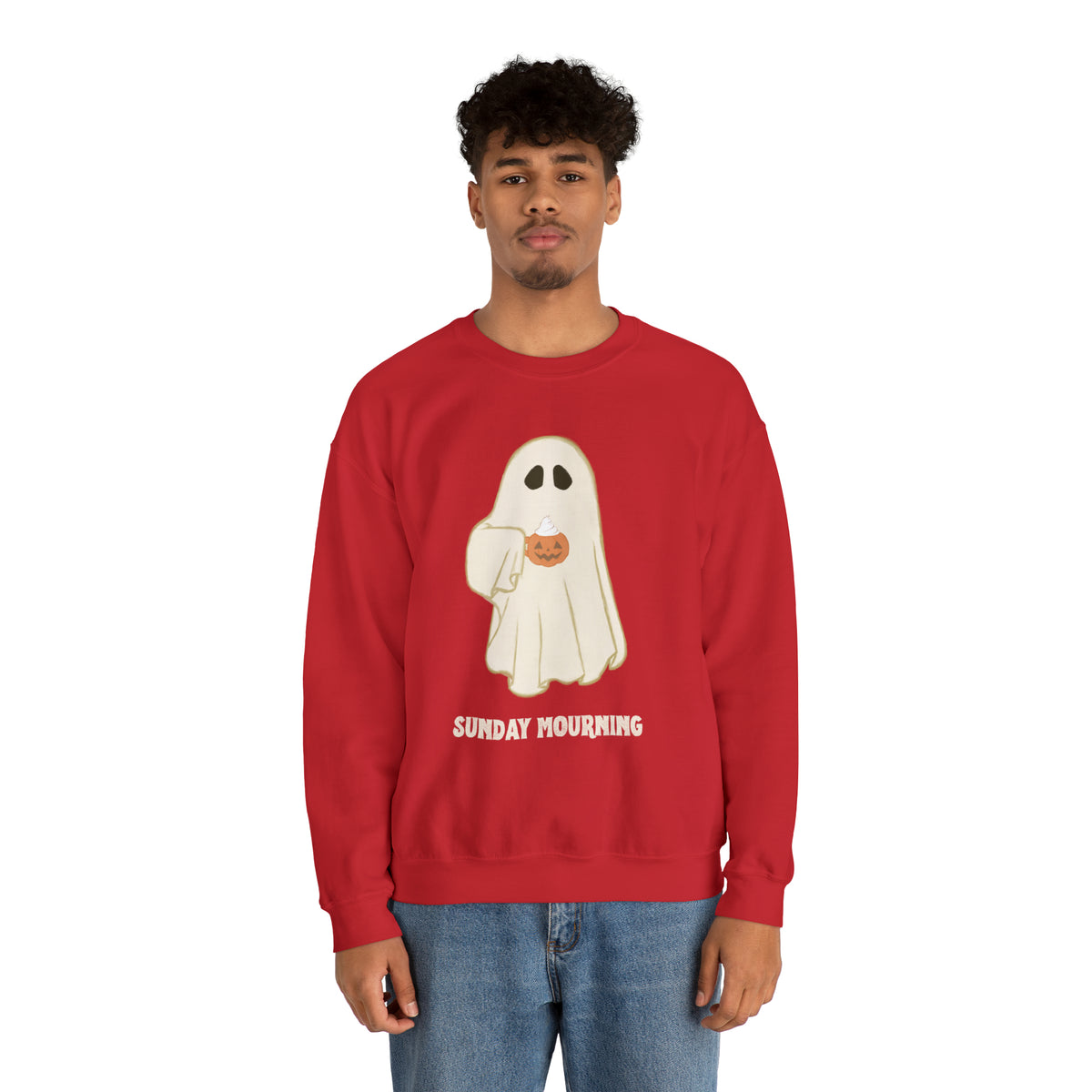 Cute Ghost "Sunday Mourning" Coffee Pumpkin Mug Unisex Heavy Blend™ Crewneck Sweatshirt | Fall Autumn | Gift Idea