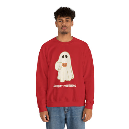 Cute Ghost "Sunday Mourning" Coffee Pumpkin Mug Unisex Heavy Blend™ Crewneck Sweatshirt | Fall Autumn | Gift Idea